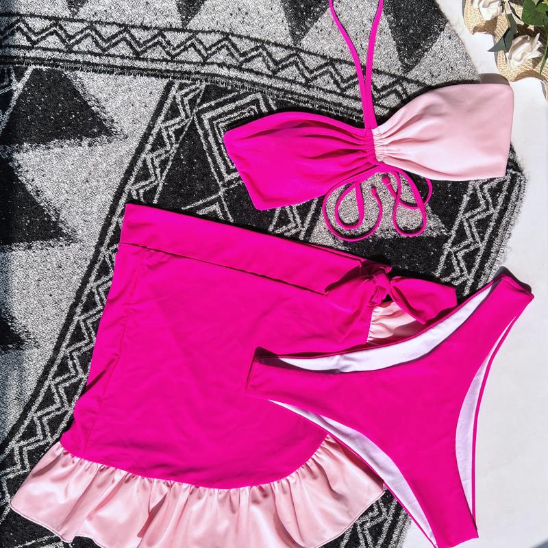 Damen-Bademode, Colorblock, Neckholder, Wickel-Kordelzug, sexy Bikini, brasilianische Strandmode, Badeanzüge