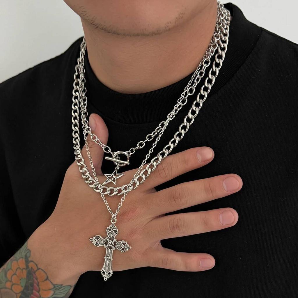 SHIXIN 3 Stück/Set Punk-Stil Stern Jesus Kreuz Anhänger Halskette für Männer Hip Hop Stapelbar Mehrschichtig Dicke Kette Choker Halskette