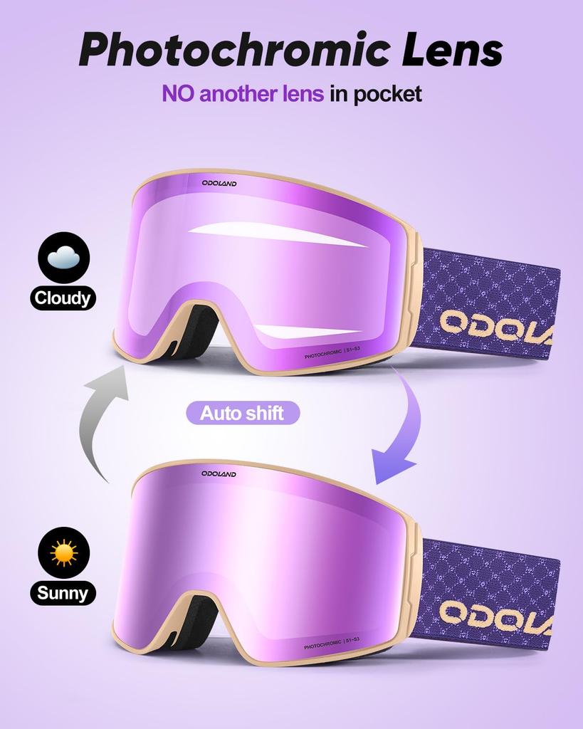 Odoland Photochromic Snow Goggles with Mirror OTG Glasses UV400 Automatic Impact Adult Color-Changing Lenses, Anti-Fog, Compatible, Protection,