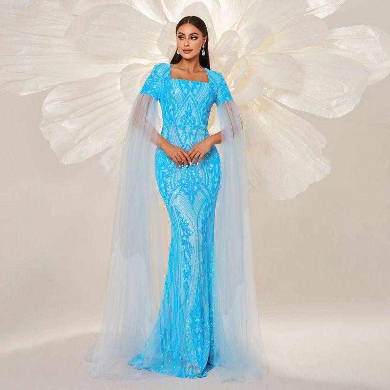 Plus-Size Long Gown, New European and American Style, High-End Elegant Banquet Dress, Bodycon Sequin Mermaid Evening Dress Blue S