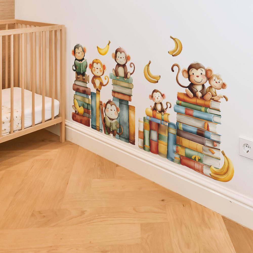 Self-adhesive Wall Stickers Cartoon Monkey Reading Book for Kids Room Bedroom Nursery Home Decor