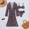 Fashionable Women's Sexy Multi-Color Printed Mesh Cover-Up Three-Piece Bikini Set