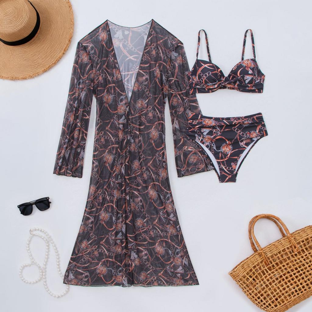 Fashionable Women's Sexy Multi-Color Printed Mesh Cover-Up Three-Piece Bikini Set