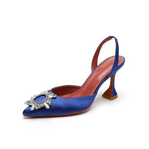 Fashion Women Rhinestone Sandals Pointed Toe Sun Buckle Stiletto Heels Slingback Block Heel Shoes