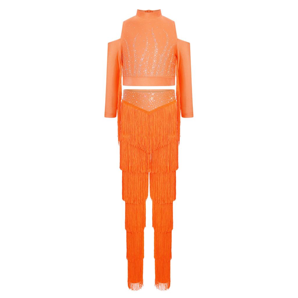 Set de pantaloni cu franjuri pe straturi pentru fete Talie elastică Crop top cu strasuri strălucitoare Ținută Latină