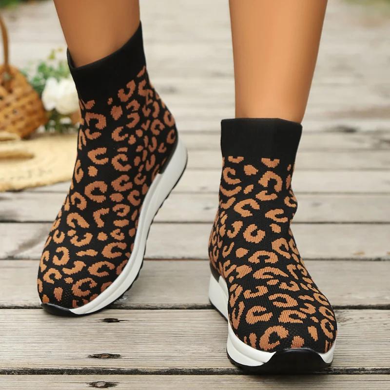 Leopard Printed Knitted Socks Sneakers for Women Breathable Casual Sports Running Shoes Woman Fashion High Top Slip-On Sneakers
