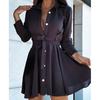 Turn-Down Collar Long Sleeve Women Dress Belt Solid Color Single Breasted Shirt Dress Female Clothing