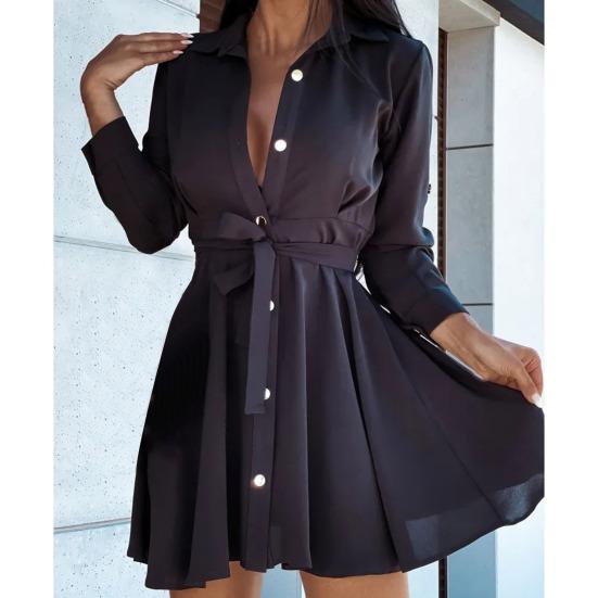 Turn-Down Collar Long Sleeve Women Dress Belt Solid Color Single Breasted Shirt Dress Female Clothing