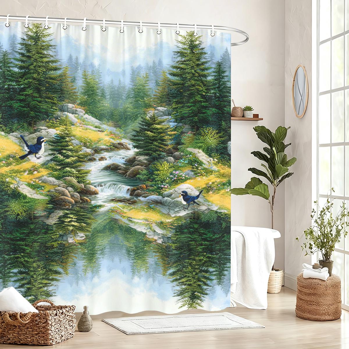 Monika Chen Vibrant Forest & Wildlife Themed Polyester Shower Curtain - Natural Scenery Bath Curtain For Bathroom Decor