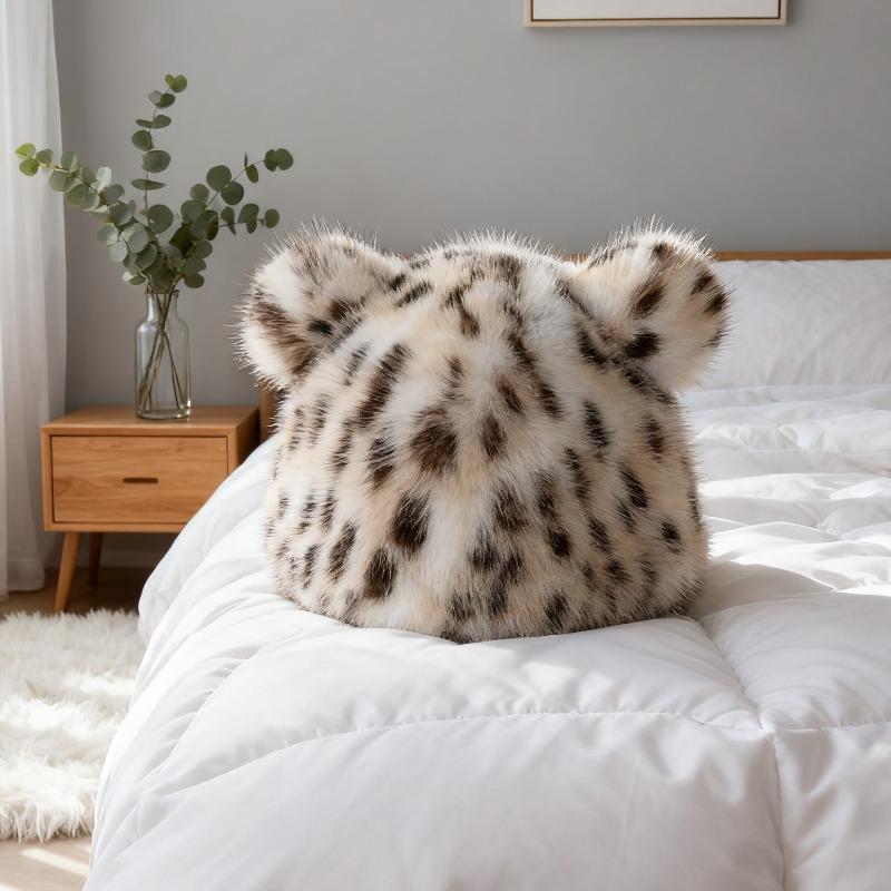 Autumn and Winter Leopard Print Fashion Fisherman Hat Women Cute Little Bear Ear Thickened for Keep Warmth Ear Protection No Eaves Hat