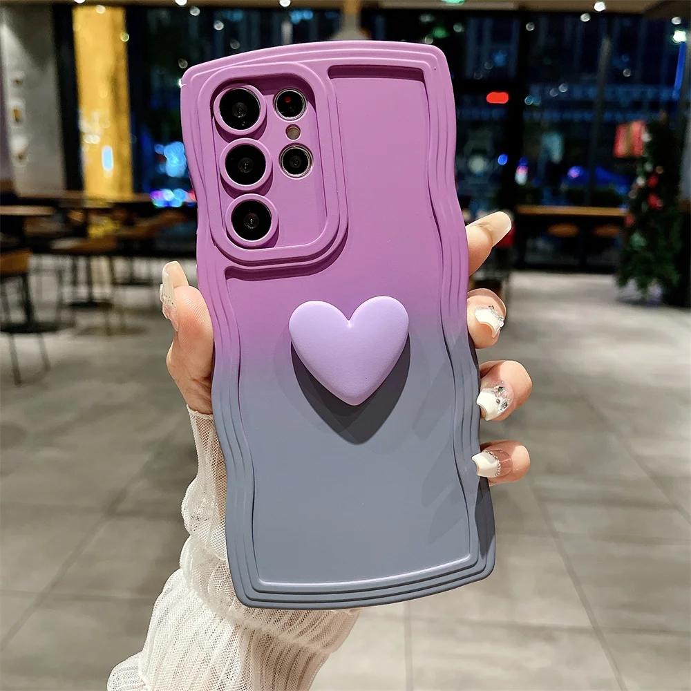 Fashion 3D Love Heart Gradient Case For iPhone 15 Pro Max 14 Plus 13 12 11 Pro X XS XR XS Max 7P 8Plus SE 2020 Curly Wave Soft TPU Cover