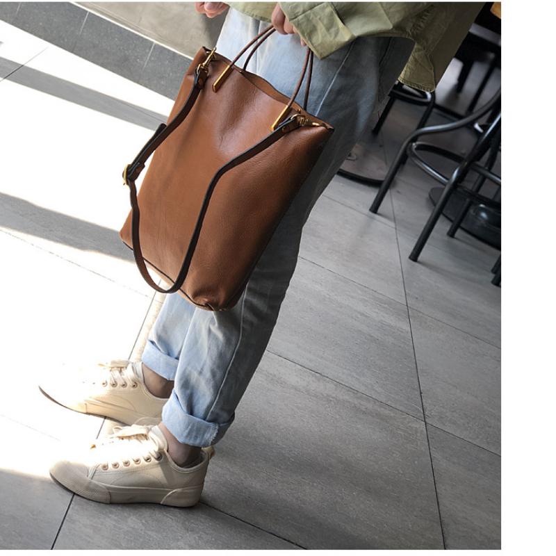 Johnature Einfache echtes Leder Frauen Tasche natürliche weiche Rindsleder Handtasche Verbundtasche Umhängetaschen