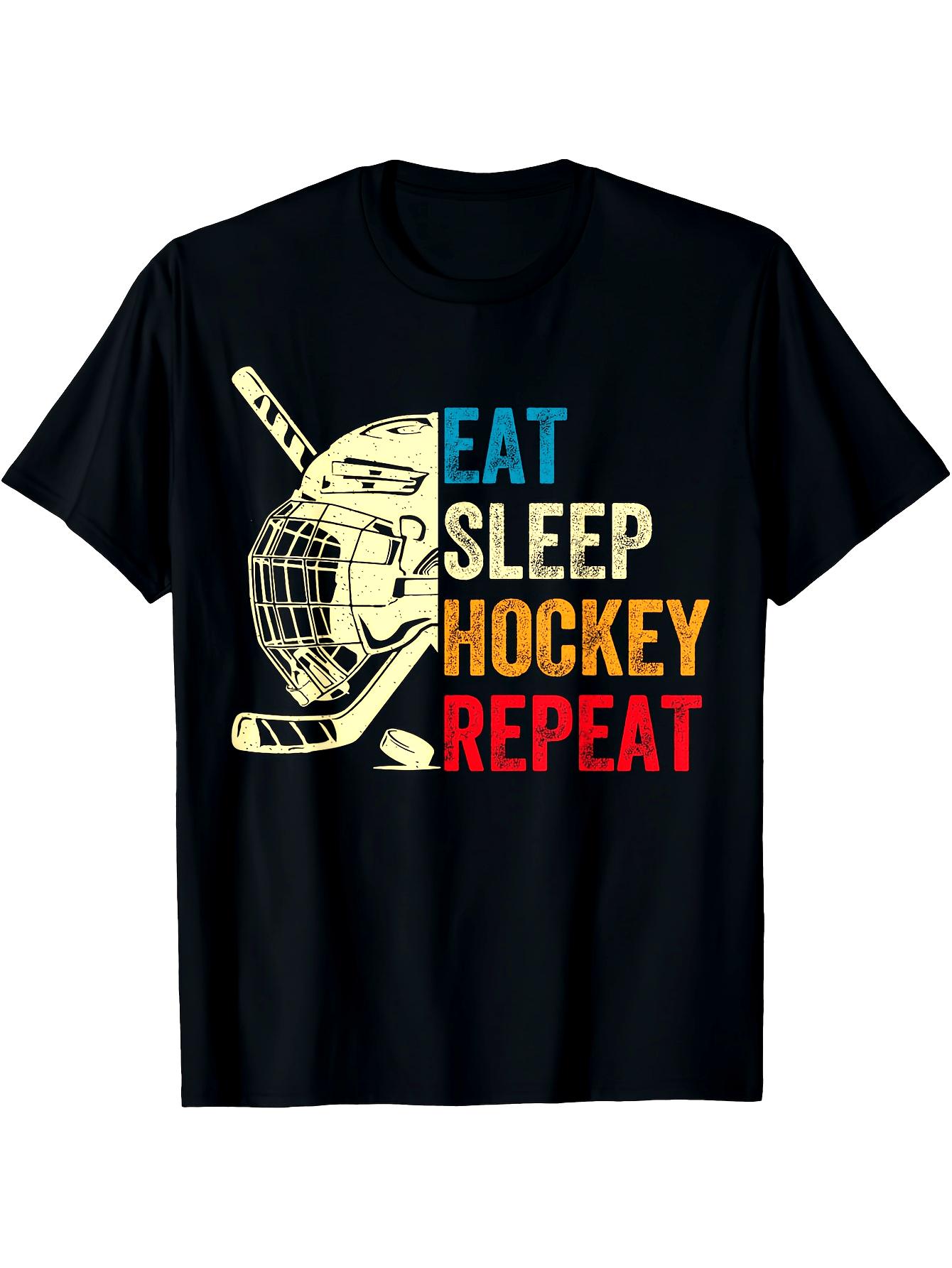 Eat Sleep Hockey Repeat Vintage Retro Hockey Player Graphic TShirt 100 Cotton ONeck Short Sleeve Summer Casual Mens Tshirt S