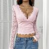 Haut Court Rose Dentelle Col en V Manches Longues Femme avec Détail Nœud
