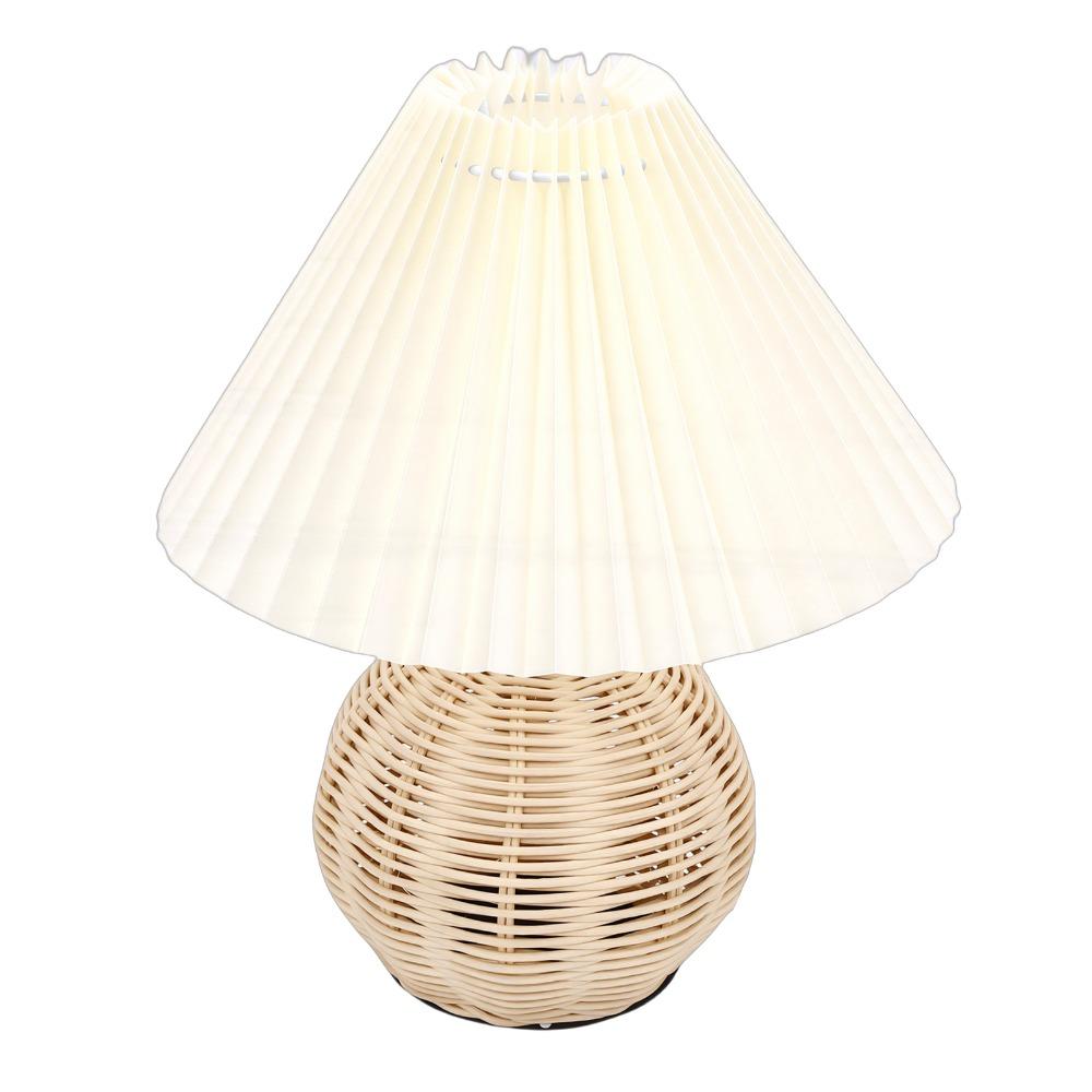 Fabric Lampshade Pleated Table Lamp Rattan Base Bedside Table Lamp Modern Nightstand Lamp Reading
