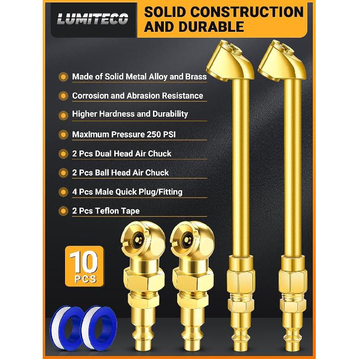 2 Pack Heavy Duty Air Chuck Set-1/4 Inch Female NPT Closed Ball Tire Chuck, Dual Head Air Chuck And Standard Male Quick Plug, Tire Air Fill Kit For