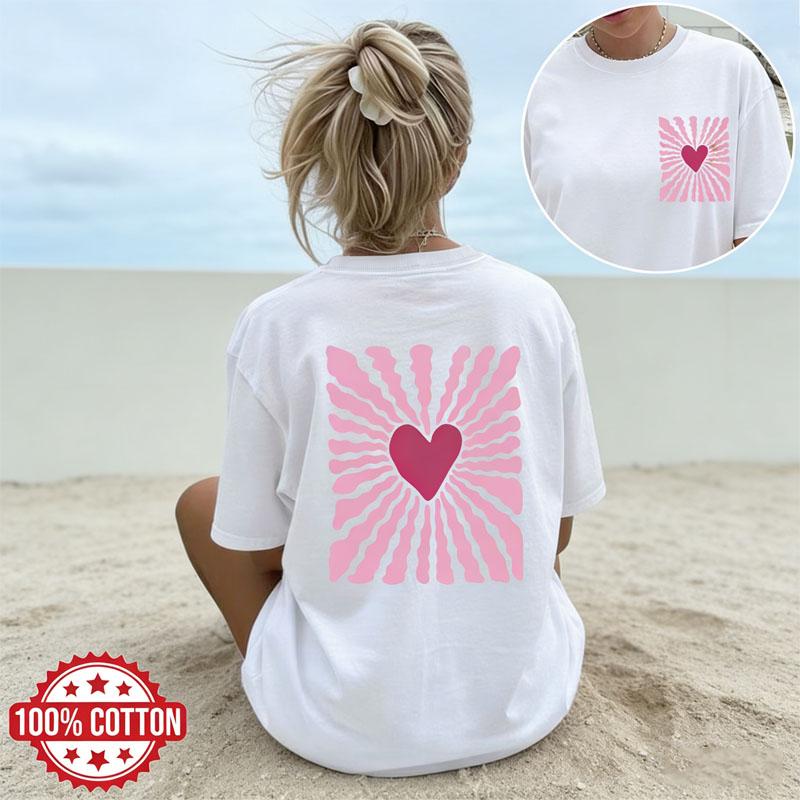 Heart Shaped Pattern Pure Cotton Cartoon Print Mens And Womens Personalized Loose Tshirt Summer New Fashion Trend Tshirt