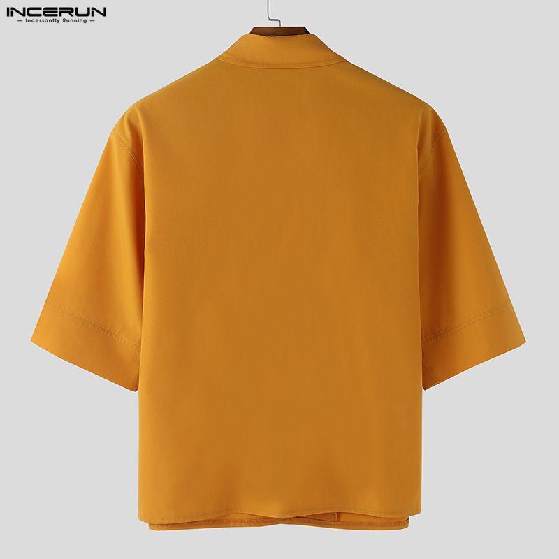 INCERUN Men Summer Lapel Neck Short Sleeve Buttons Casual Shirts Tops