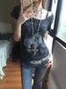 Girls Y2K Tees Black Retro T-shirts For Women Letters Thummy Control Long Style Party Tops