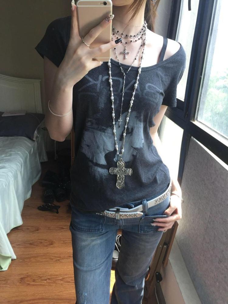 Girls Y2K Tees Black Retro T-shirts For Women Letters Thummy Control Long Style Party Tops