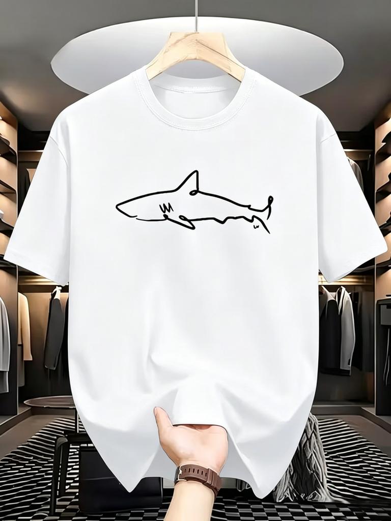 Shark Print Men'S T-Shirt, Comfortable And Elastic, Suitable for Summer Outdoor Activities, Street Style Stretch Round N