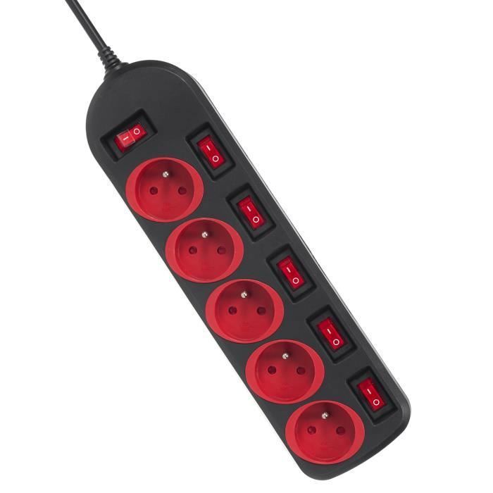 Bloc multiprises - Maclean Energy - 5 prises - Interrupteur lumineux - 1.5m - Noir/Rouge