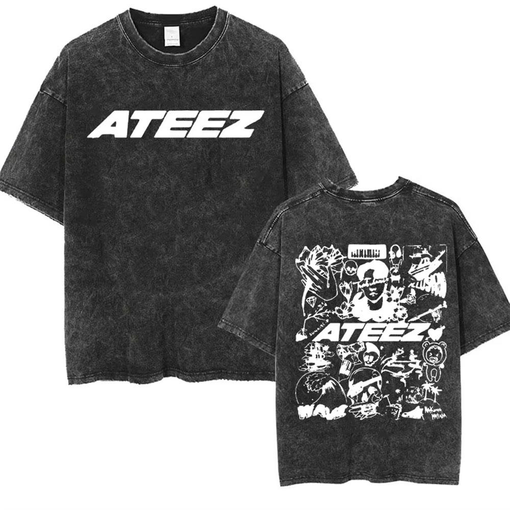 Ateez 2025 World Tour in Your Fantasy Tour Cherry Vintage Washed T Shirt Korean Kpop Fashion T-shirt Men's Women Cotton T-shirts