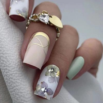 New Long Square False Nails French Mint Camellia Fake Nials Aurora Rainbow Ink Earth Nail Tips Women Girls