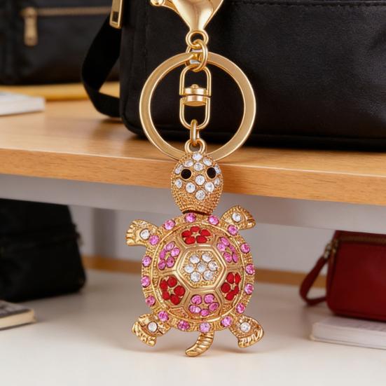 Keychain Sparkling Rhinestones Inlaid Turtle Design Keychain Pendant Enamel Oil Drip Process Spring Buckle Key Holder Car Key Bag Accessory