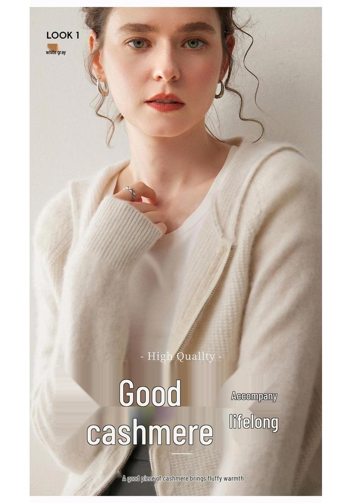 Eleganter Kapuzen-Kaschmir-Cardigan für Damen - Locker, Gemütlich und Hochwertig mit Verdicktem Reißverschluss.
