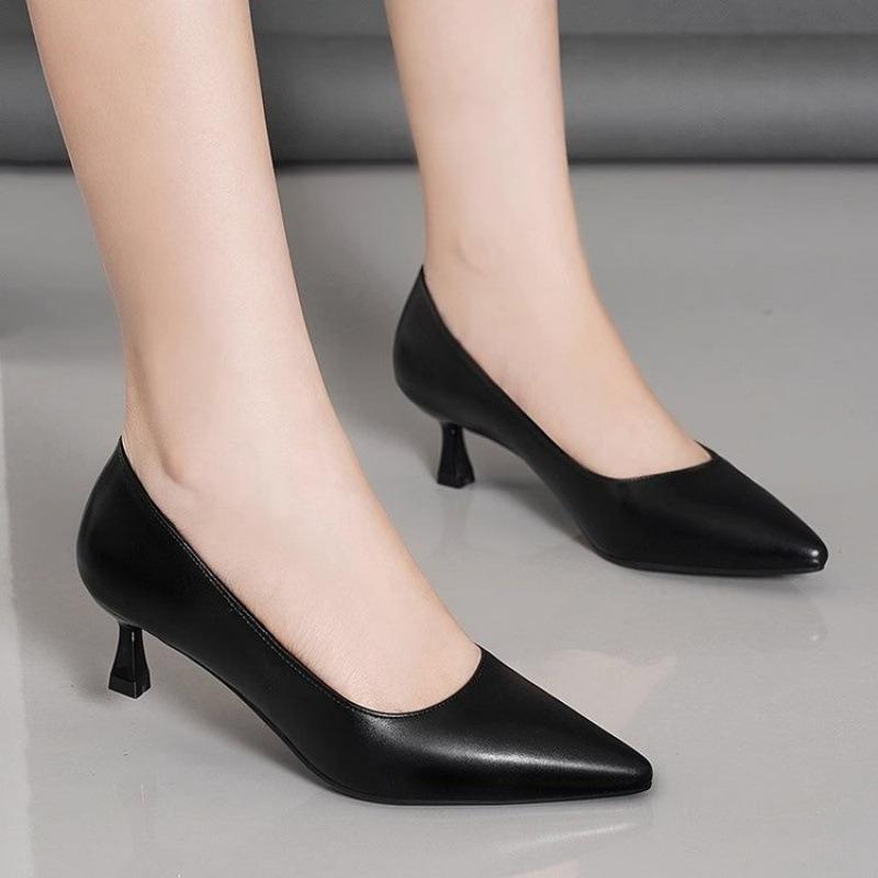 Real soft leather medium heel single shoes women's pointed head thin heel professional work shoes versatile soft sole black formal work high heels