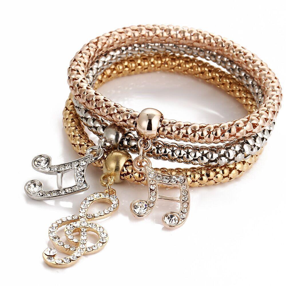 3Colors/Lot Tree Of Life Elastic Bracelet Set For Women Crystal Owl Key Lock Music Note Butterfly Heart Charm Bangle Jewelry