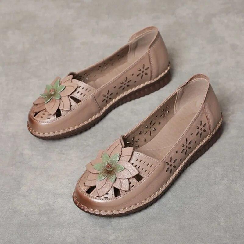 Johnature Ethnic Style Hollow Breathable Flat Sandals Genuine Leather Round Toe Soft Sole Women's Slip-on Shoes