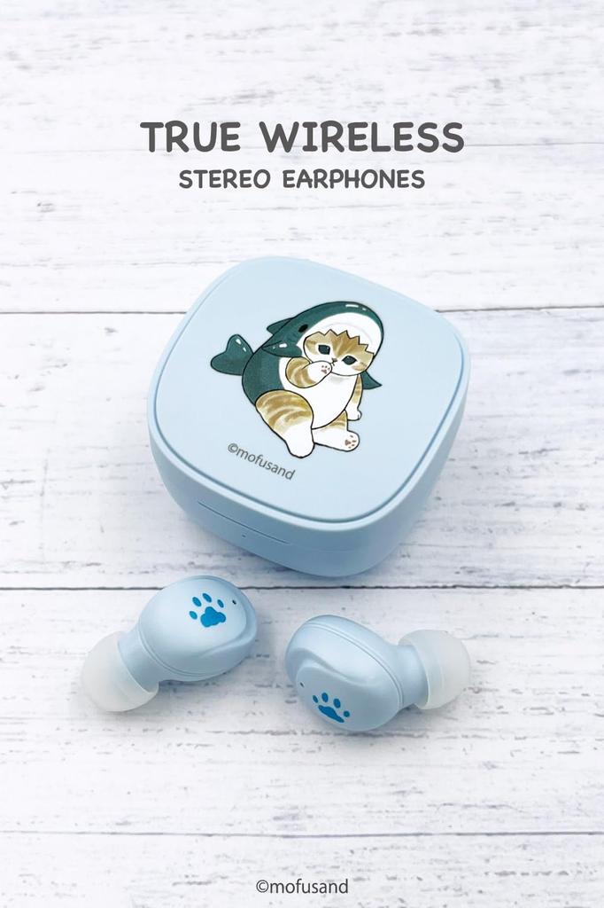 Tama Electronics mofusand True Wireless Headphones 2, Waterproof Level IPX4 (Baby Blue Shark Cat Design) SQ-BS75BB-MS1