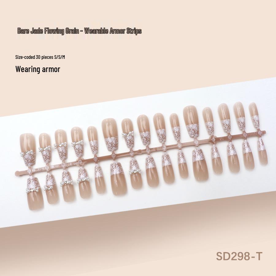 Elegant French Pearl & Rhinestone White Lace Press-On Nails - Princess Bow Design, Skin-Whitening Nude Strips (30 Pieces)