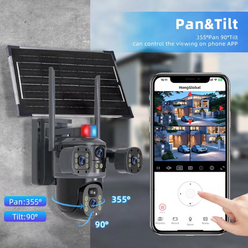 8MP V380 Pro Solarbetriebene Multiobjektiv-PTZ-Kamera mit 3 Bildschirmen, kabellose WiFi-Überwachungskamera, 4K-Außensicherheit, 4G-SIM-Karte, Solar-CCTV-Kamera