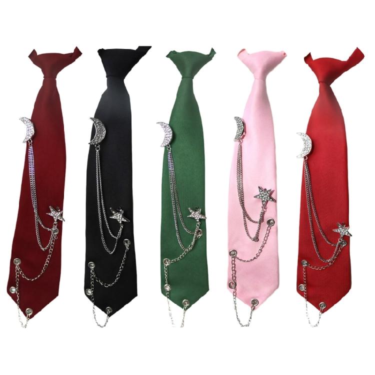Student Pre Tied Neck Ties Preepy Look Rhinestones Star Metal Chain Dark Tie Cravat Neck Wear Accessories