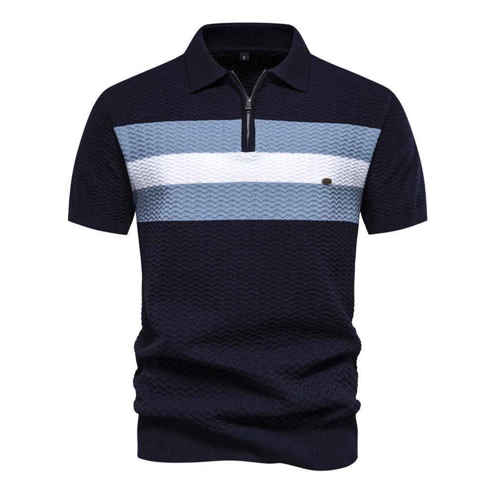 Summer New Men s High-end Striped Business Short-sleeved Thin Versatile Men s Lapel Half-zip Short-sleeved S