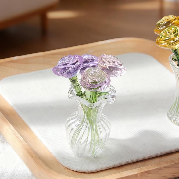 Miniature Crystal Rose Flower Figurine Set Collectible Bouquet Ornaments Gift for Valentines Day Wedding Table Decors
