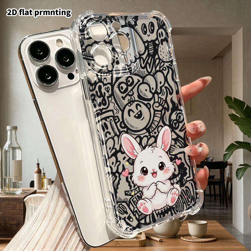 Phone Case: 2D Flat Suitable for iPhone 18 17 16 15 14 13 Pro, Transparent with Corner Protection, Cute White Rabbit, Christmas and Halloween Gift