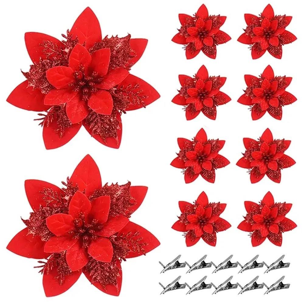 10Pcs with Clips Artificial Flowers for Christmas Tree Christmas Fake Flowers Pendant Home Decor
