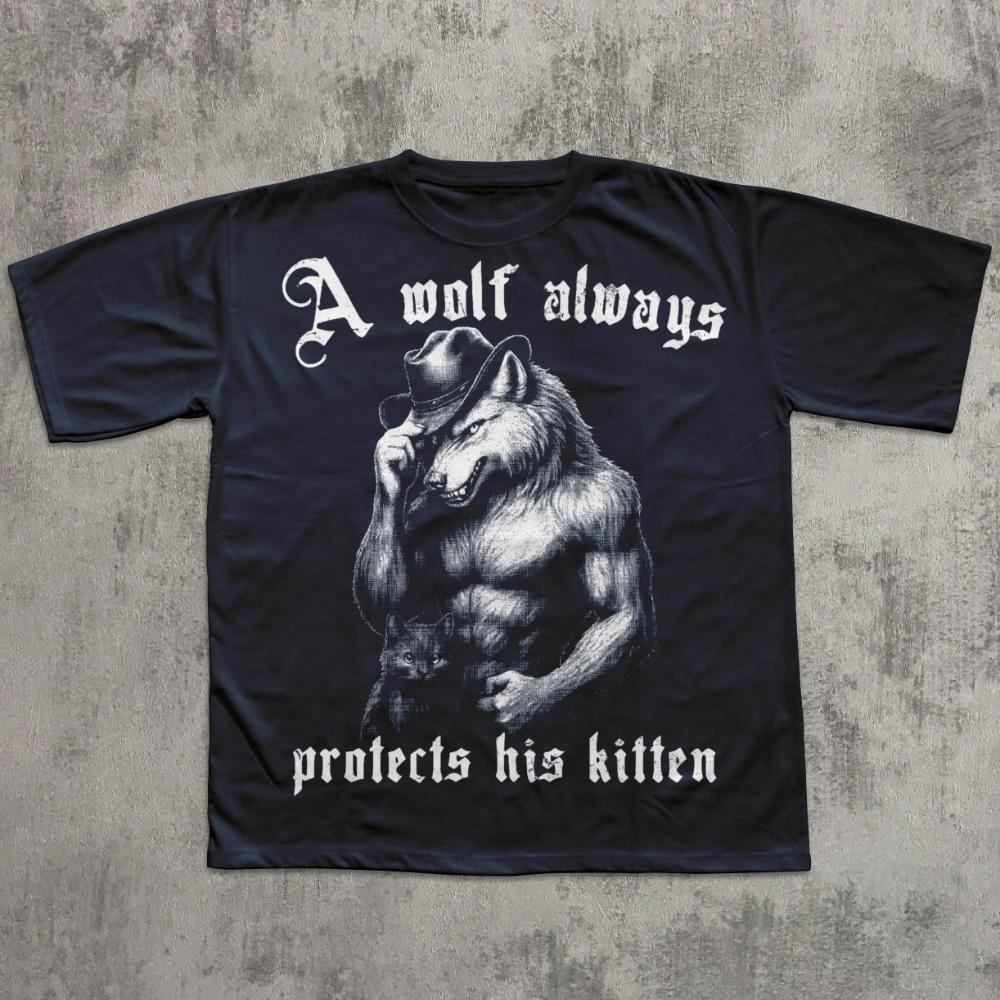 

A Wolf Will Always Protect Its Kitten This Funny Emoji Tshirt Top Wolfthemed Tshirt Streetwear 4XL