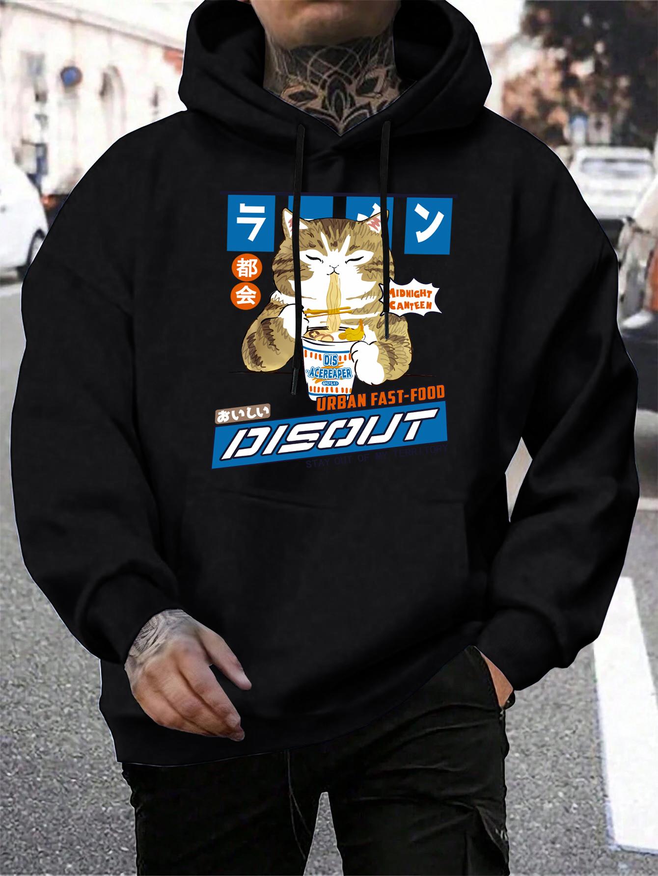 

Harajuku Cat Cartoon Eating Noodles Graphic Print Men Hoodies Hip Hop Loose Hoody Casual Fleece Hoodie All-Match Autumn Clothes 3XL
