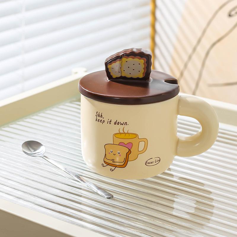 Creative Bread Ceramic Home Use Cute Cartoon Mug Mug Couple Water Cup with Lid Spoon Coffee Cup Breakfast Cup