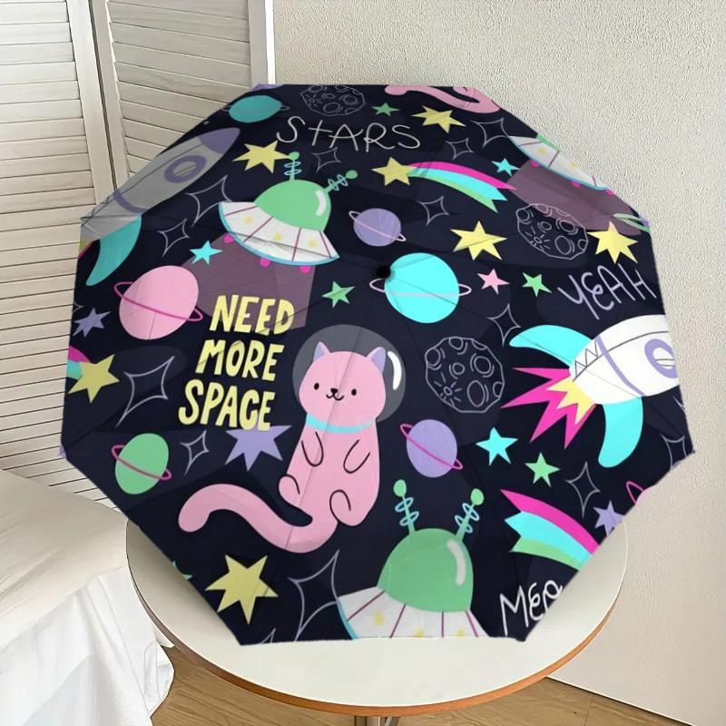 1pc Space Adventure Cats Rockets UFOs Stars Planets Umbrella with Plastic Handle,Suitable for All Seasons Home Travel Outdoor UmbrellaDD203