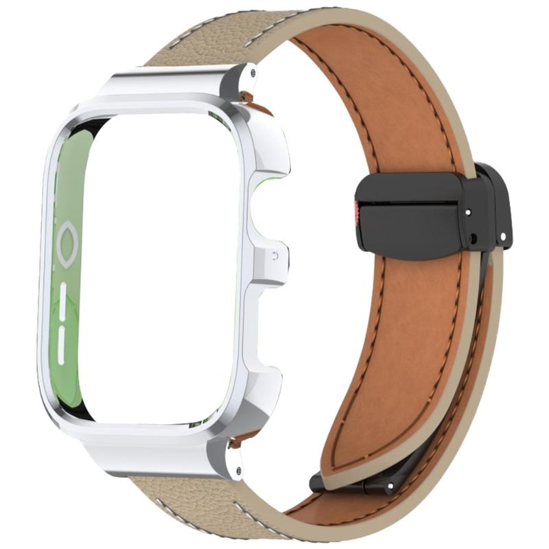Leather Watch Band Replacement Band Lychee Texture Strap for Fit 3 Wristband Sweatproof Bracelet with Metal Frame