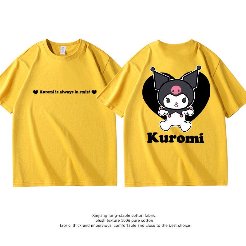 New Summer Pure Cotton Childrens Tshirt Kuromi Fashion Doublesided Printed Parentchild Outfit Round Neck Short Sleeved Shirt