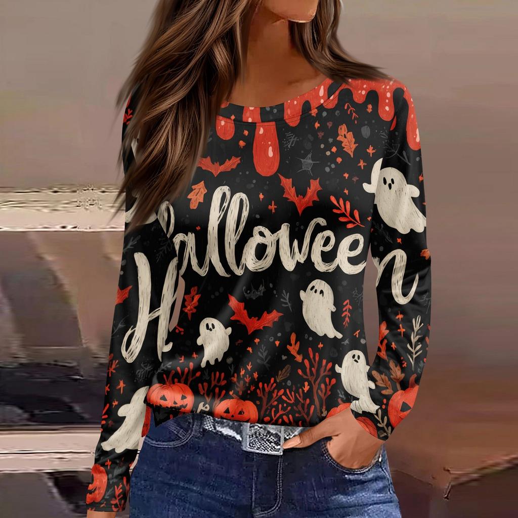 Mote Casual Langermet Trykk Rund Hals Pullover Topp Bluse for Kvinner
