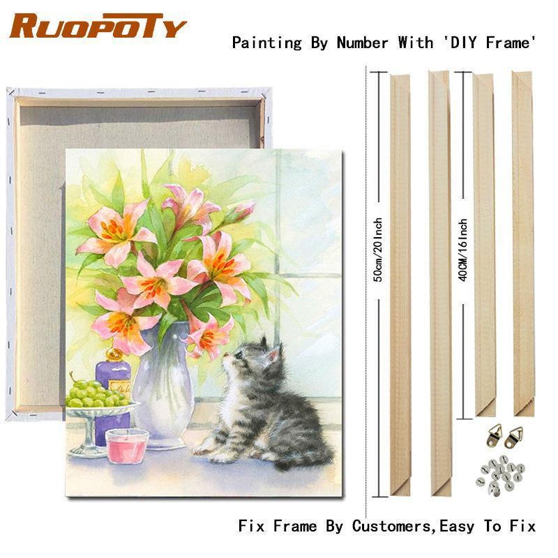 RUOPOTY Kočka malba podle čísel Nástěnná kresba na plátně Jedinečný dárek Obraz podle čísel Zvířecí dekorace do dětského pokoje