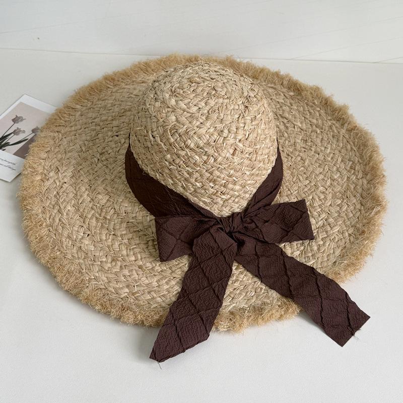 Summer French Breasted Raffia Straw Hat Women's Big Hat Brim Sun Protection Hat Beach Beach Bow Knit Hat